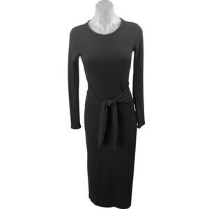 Aqua Women's Black Rib Knit Tie Waist L:ong Sleeve Midi Bodycon Sweater Dress XS